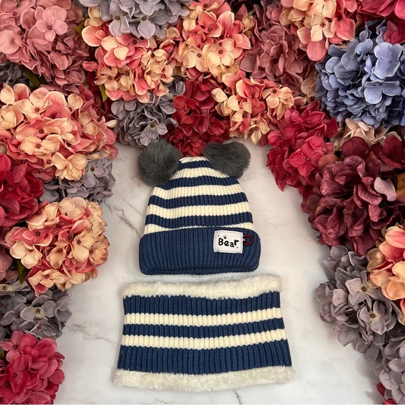 Infant Baby Blue Striped Winter Hat & Ring Scarf Set - Picture 4 of 16